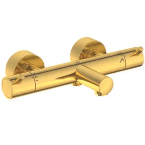 Thermostatarmatur in glänzendem Goldfinish von Ideal Standard, ausgestattet mit zwei Drehgriffen zur Temperatureinstellung und einem Auslauf für Wasser.